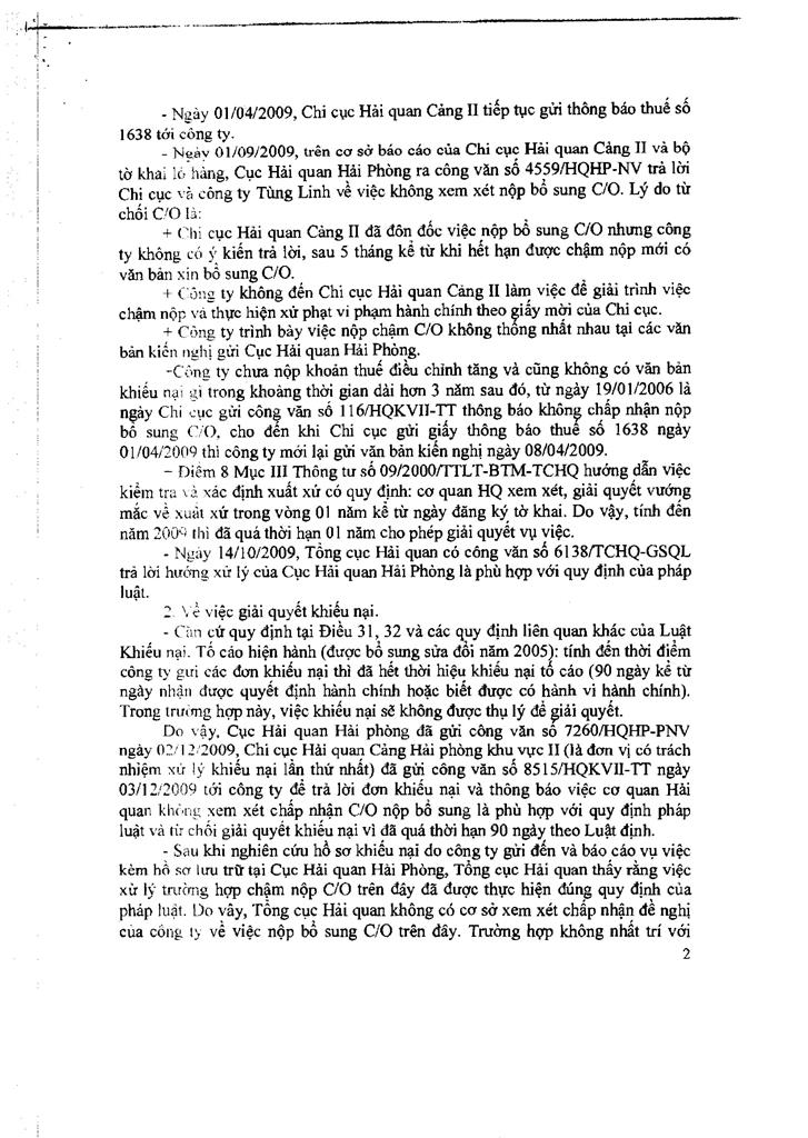 V/v Giải quyết khiếu nại việc nộp bổ sung C/O quá thời hạn